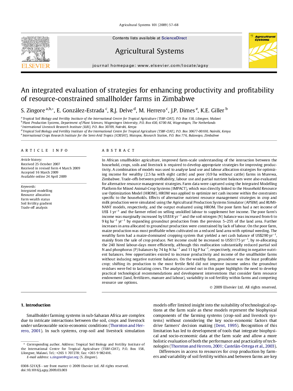 An integrated evaluation of strategies for enhancing productivity and profitability of resource-constrained smallholder farms in Zimbabwe