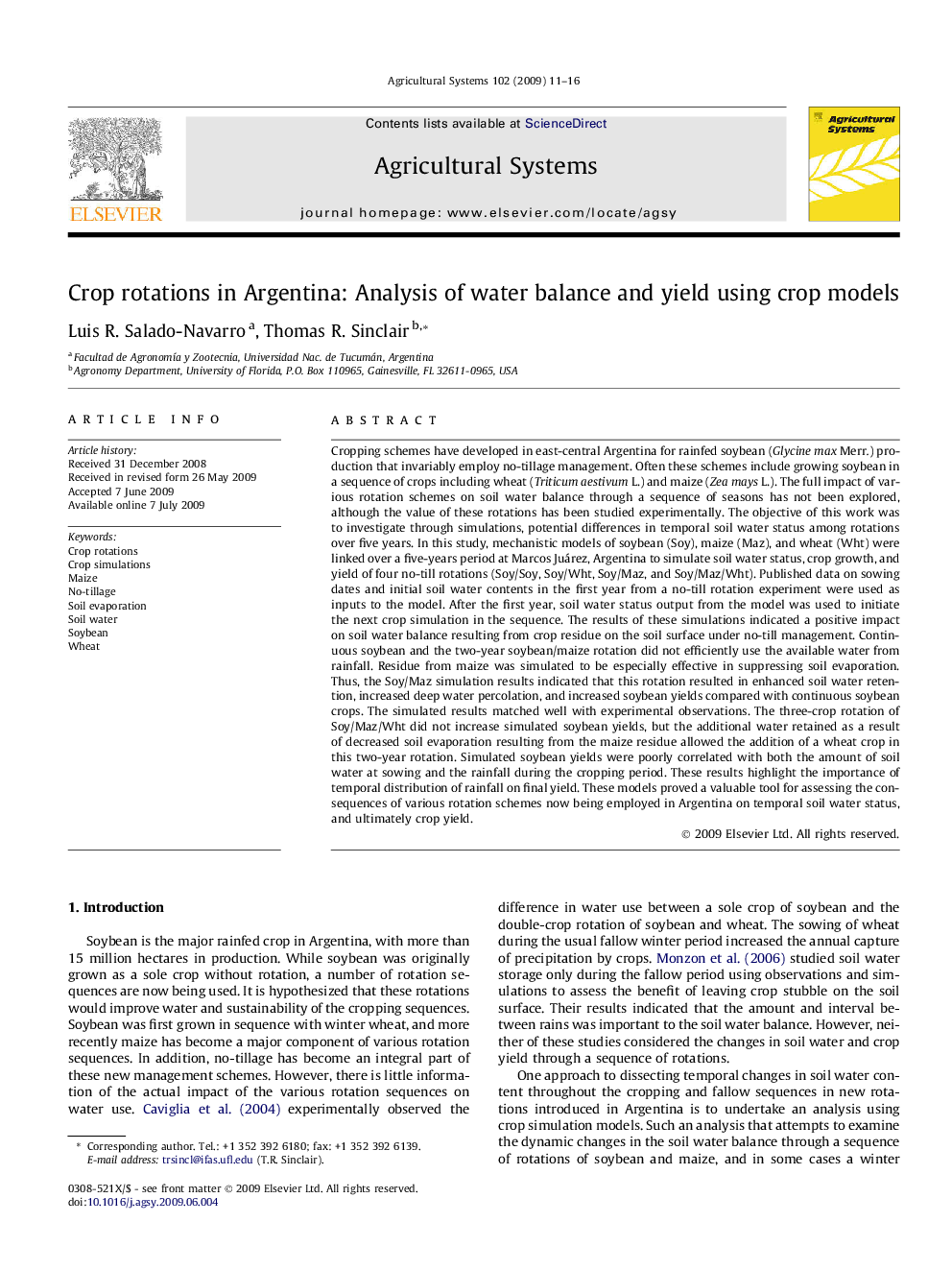 Crop rotations in Argentina: Analysis of water balance and yield using crop models