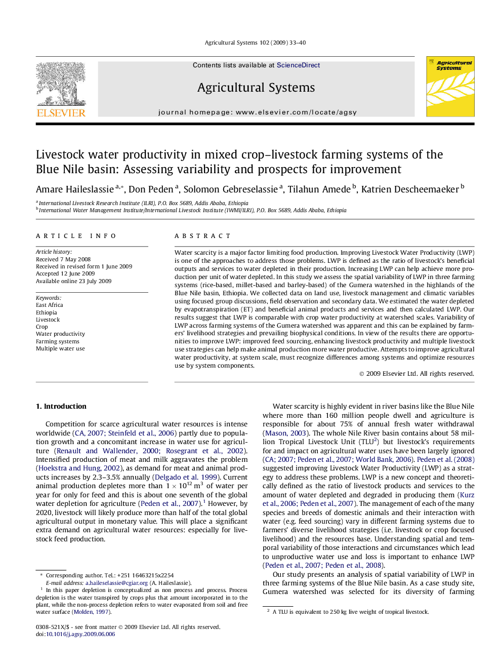 Livestock water productivity in mixed crop–livestock farming systems of the Blue Nile basin: Assessing variability and prospects for improvement