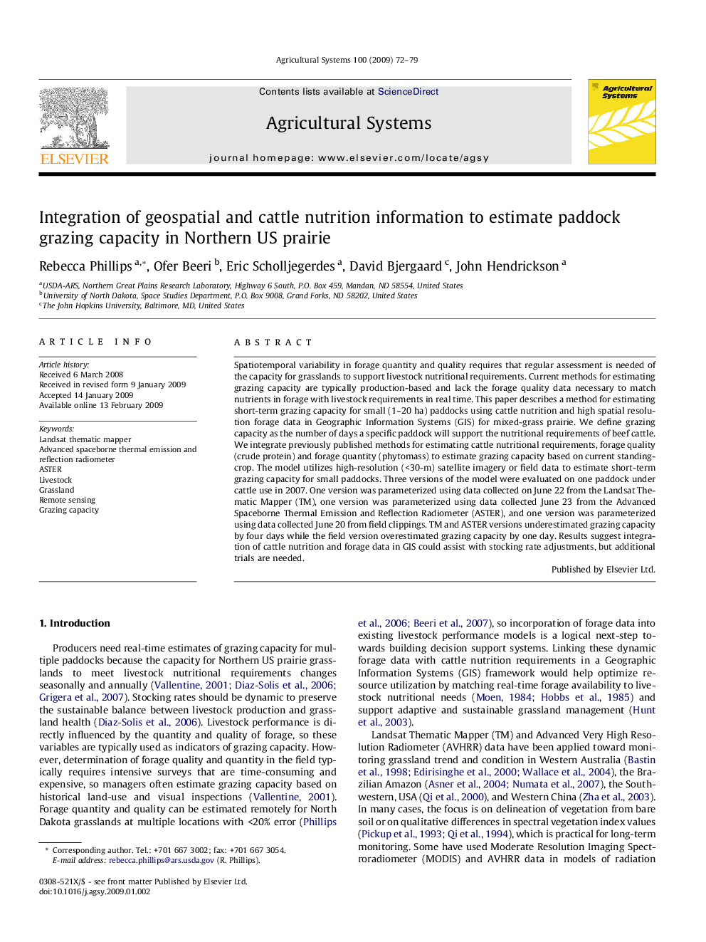 Integration of geospatial and cattle nutrition information to estimate paddock grazing capacity in Northern US prairie