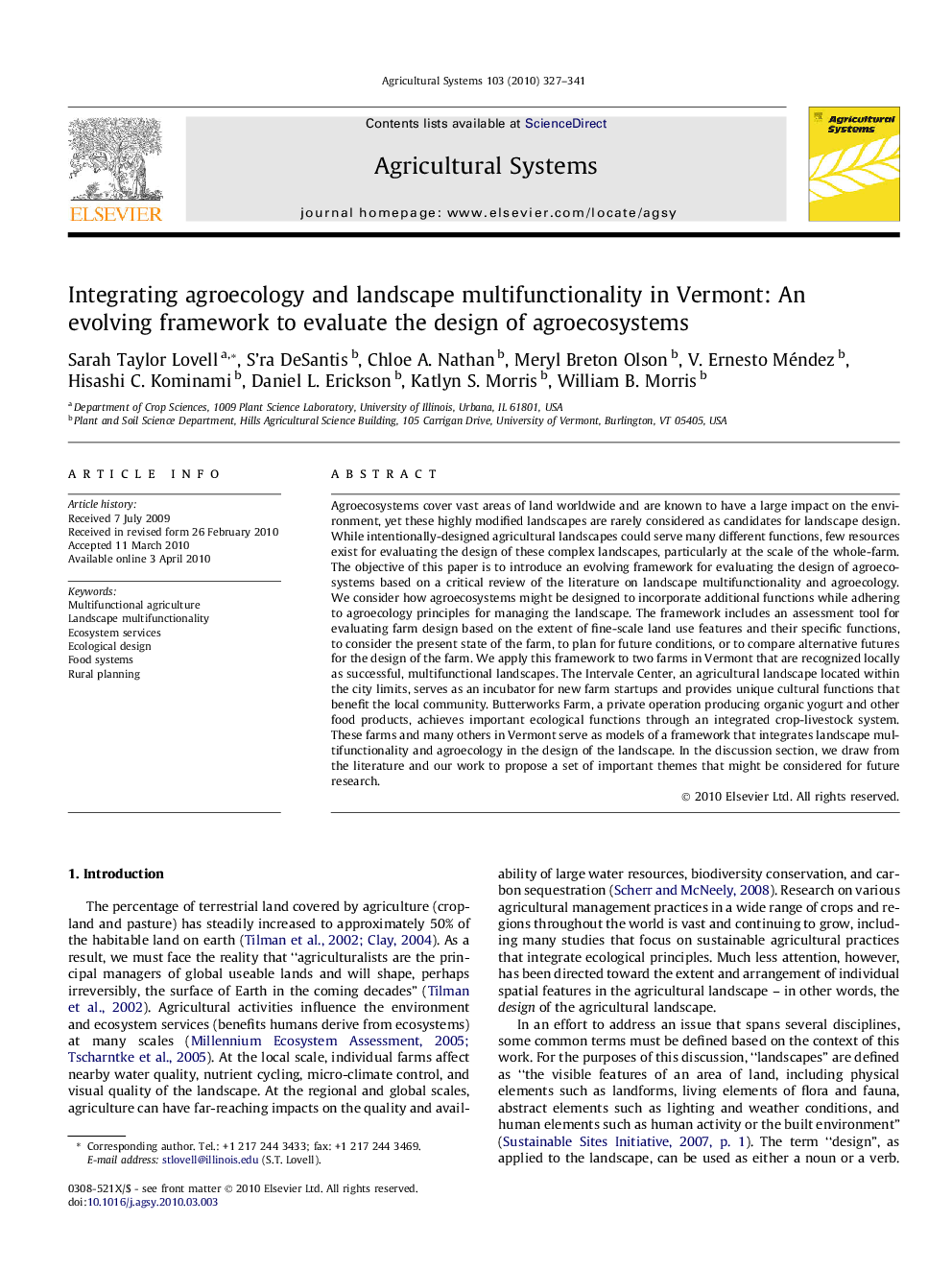 Integrating agroecology and landscape multifunctionality in Vermont: An evolving framework to evaluate the design of agroecosystems