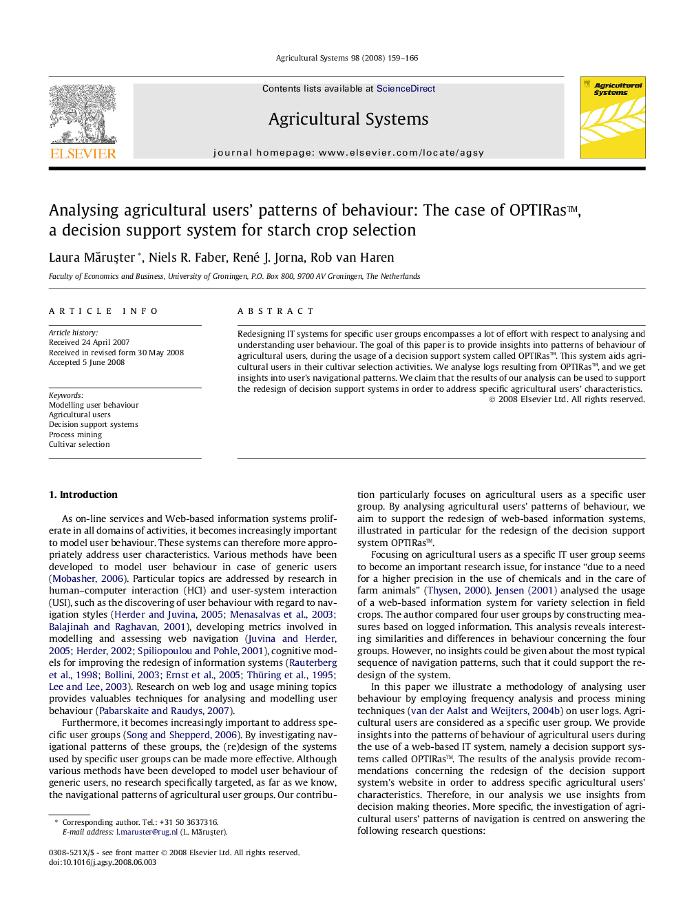 Analysing agricultural users’ patterns of behaviour: The case of OPTIRas™, a decision support system for starch crop selection