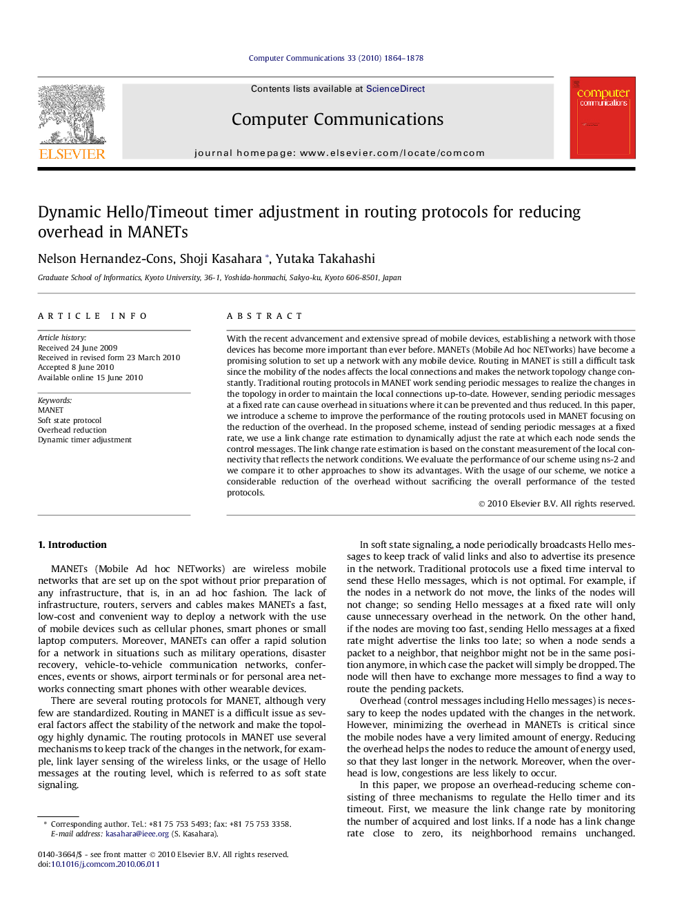 Dynamic Hello/Timeout timer adjustment in routing protocols for reducing overhead in MANETs