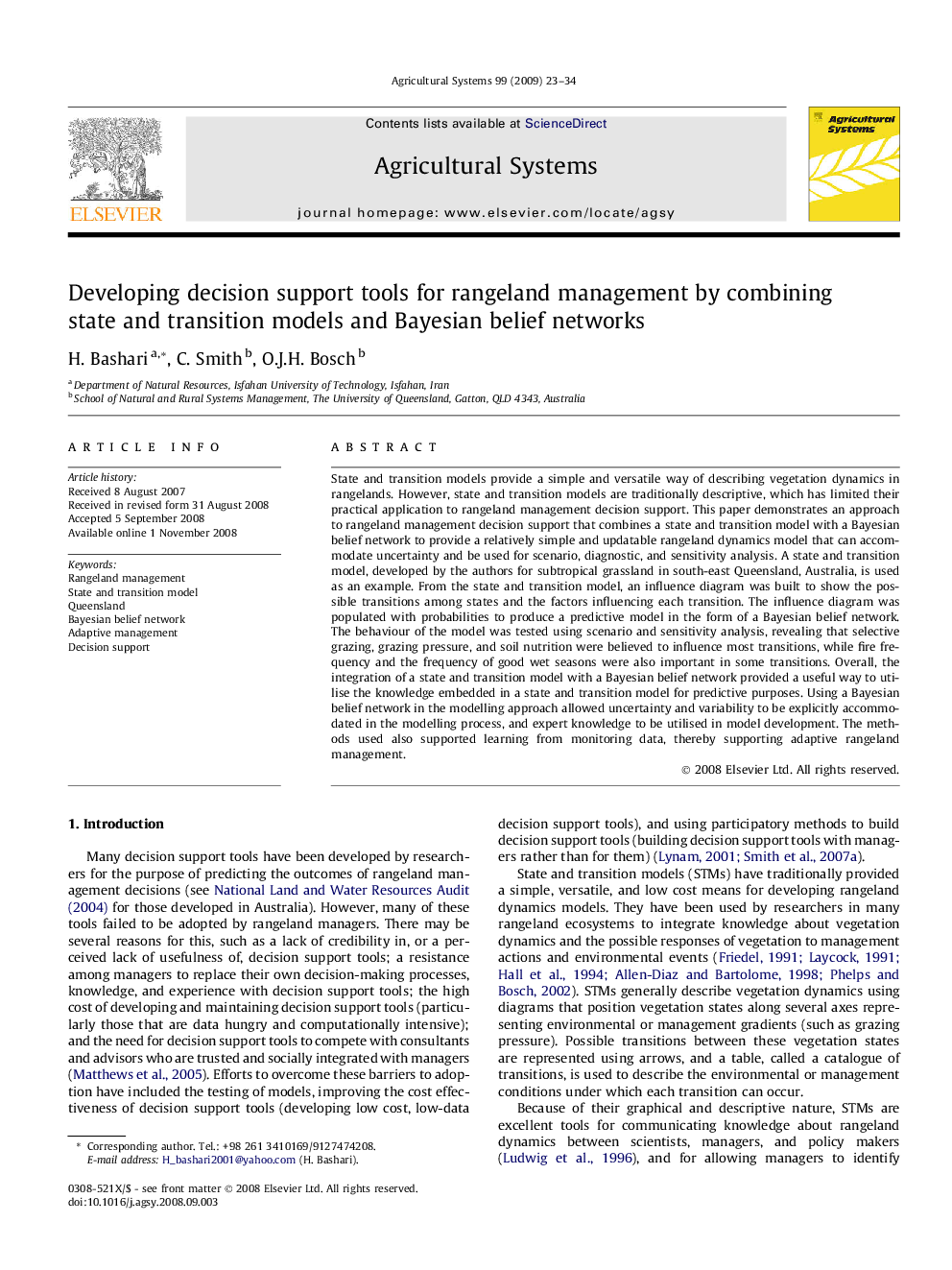 Developing decision support tools for rangeland management by combining state and transition models and Bayesian belief networks