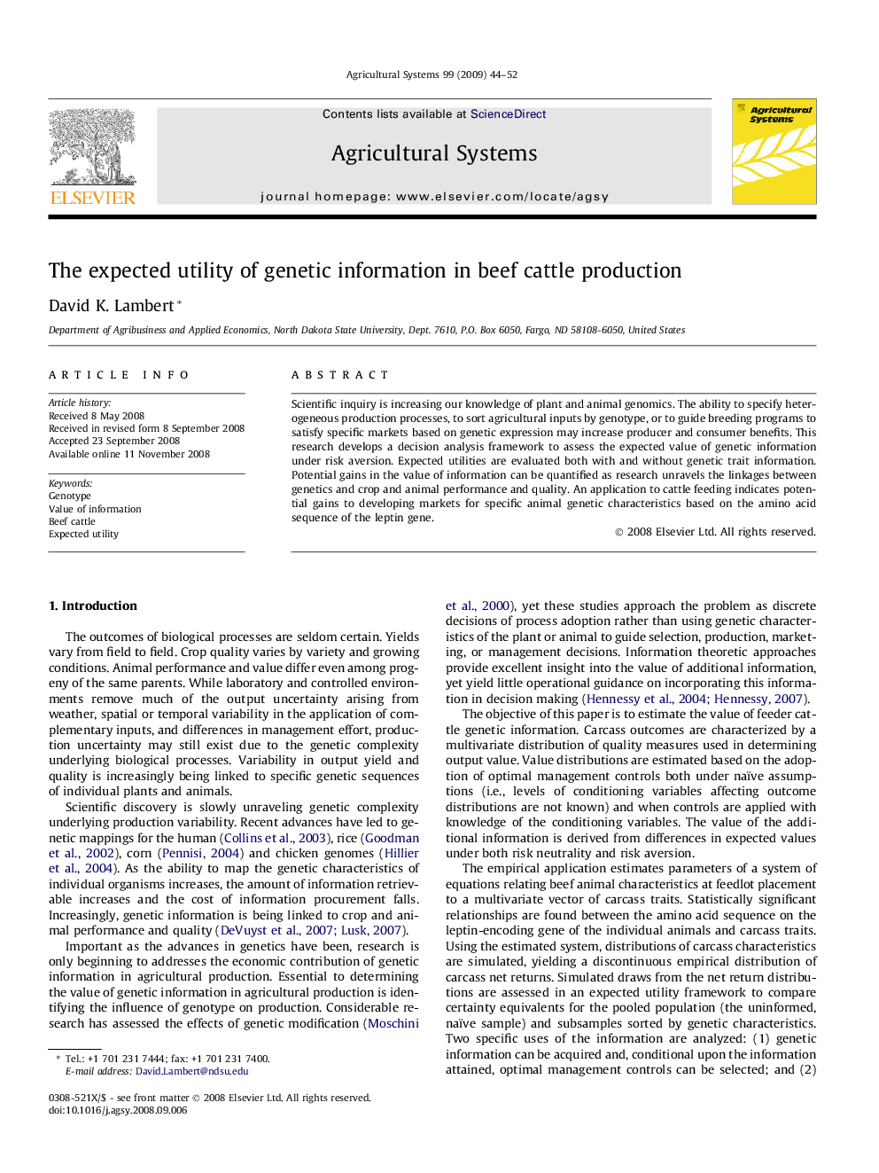 The expected utility of genetic information in beef cattle production