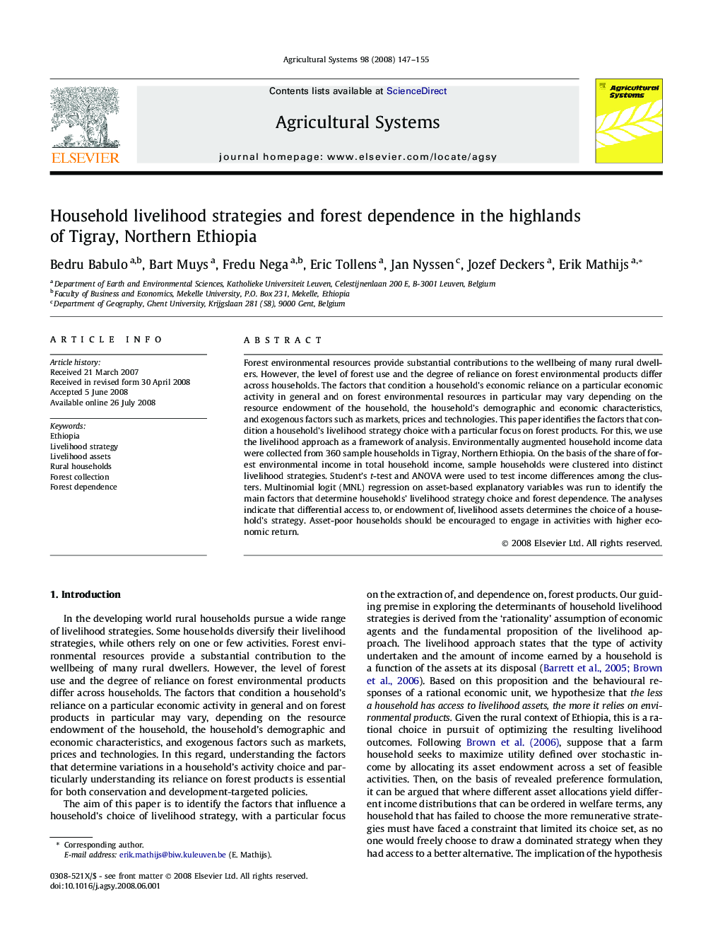 Household livelihood strategies and forest dependence in the highlands of Tigray, Northern Ethiopia