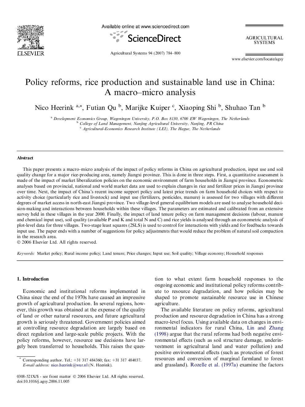 Policy reforms, rice production and sustainable land use in China: A macro–micro analysis