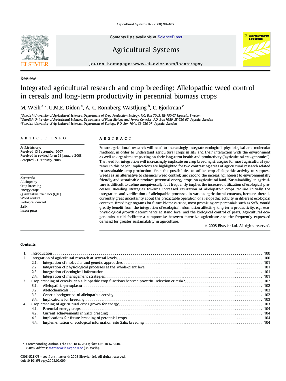 Integrated agricultural research and crop breeding: Allelopathic weed control in cereals and long-term productivity in perennial biomass crops