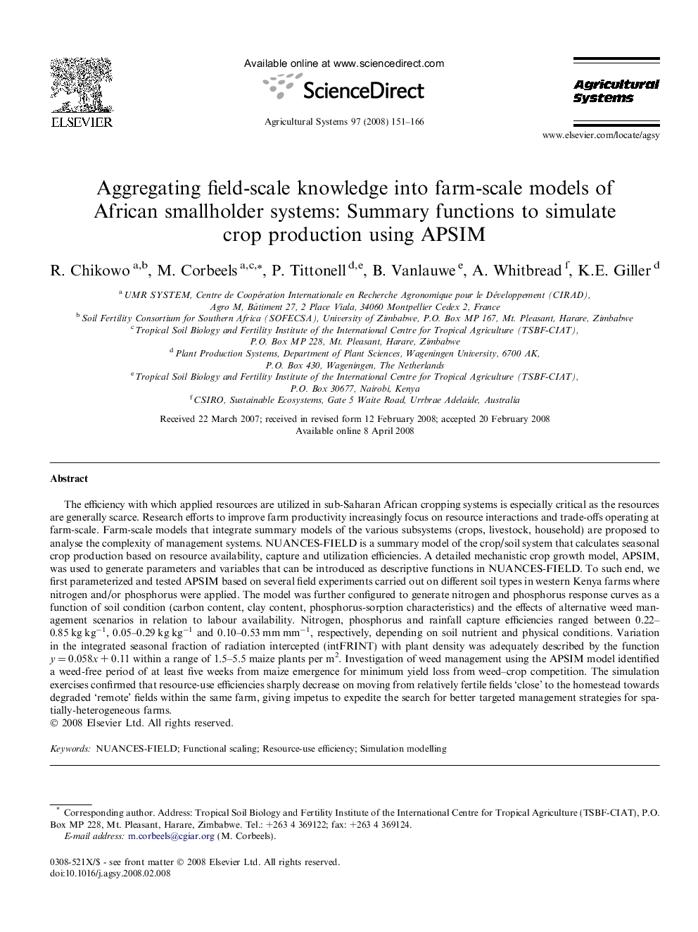 Aggregating field-scale knowledge into farm-scale models of African smallholder systems: Summary functions to simulate crop production using APSIM