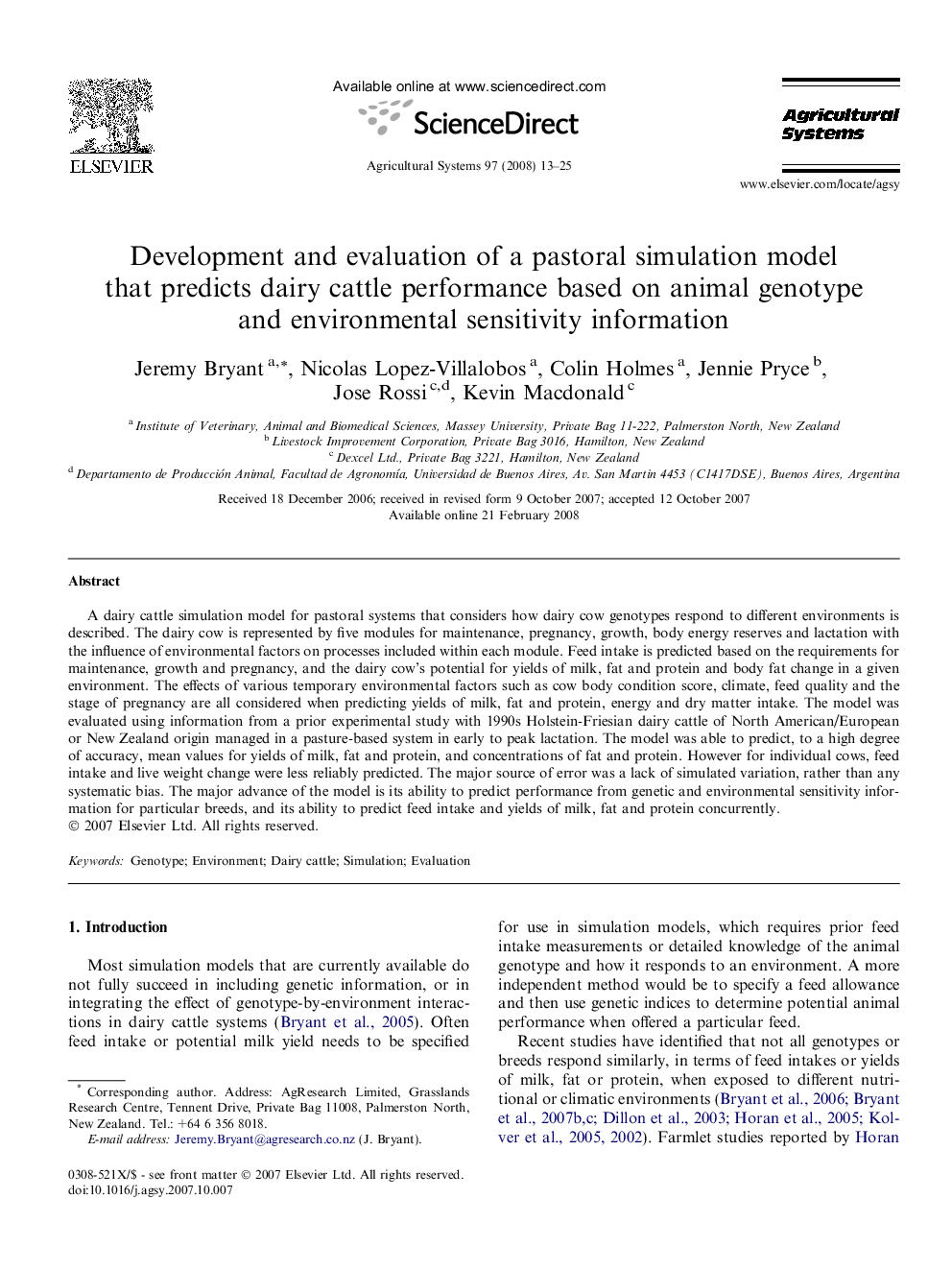 Development and evaluation of a pastoral simulation model that predicts dairy cattle performance based on animal genotype and environmental sensitivity information