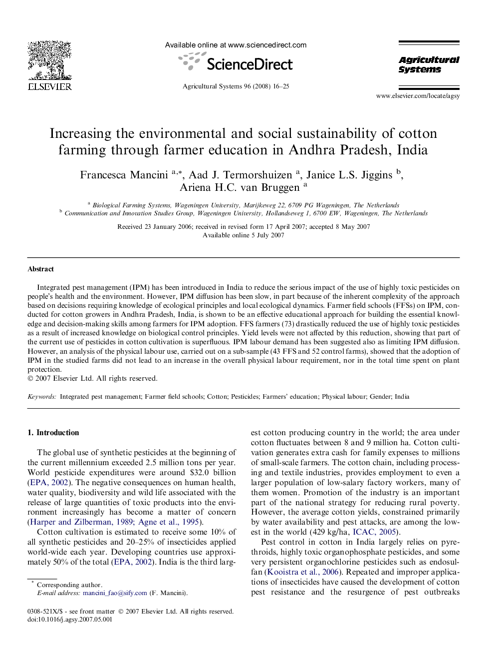 Increasing the environmental and social sustainability of cotton farming through farmer education in Andhra Pradesh, India