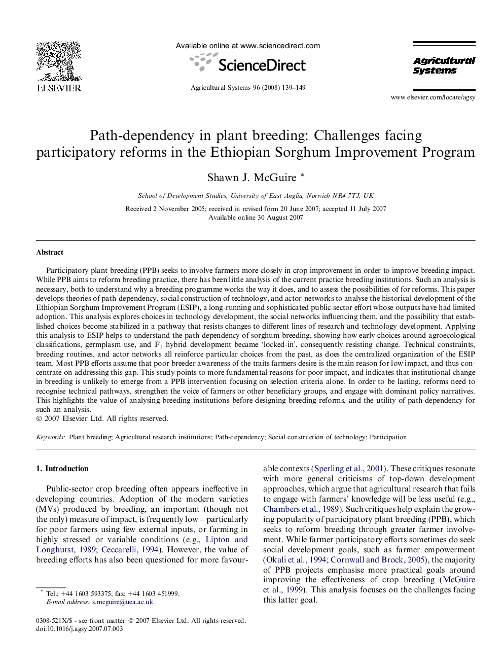 Path-dependency in plant breeding: Challenges facing participatory reforms in the Ethiopian Sorghum Improvement Program