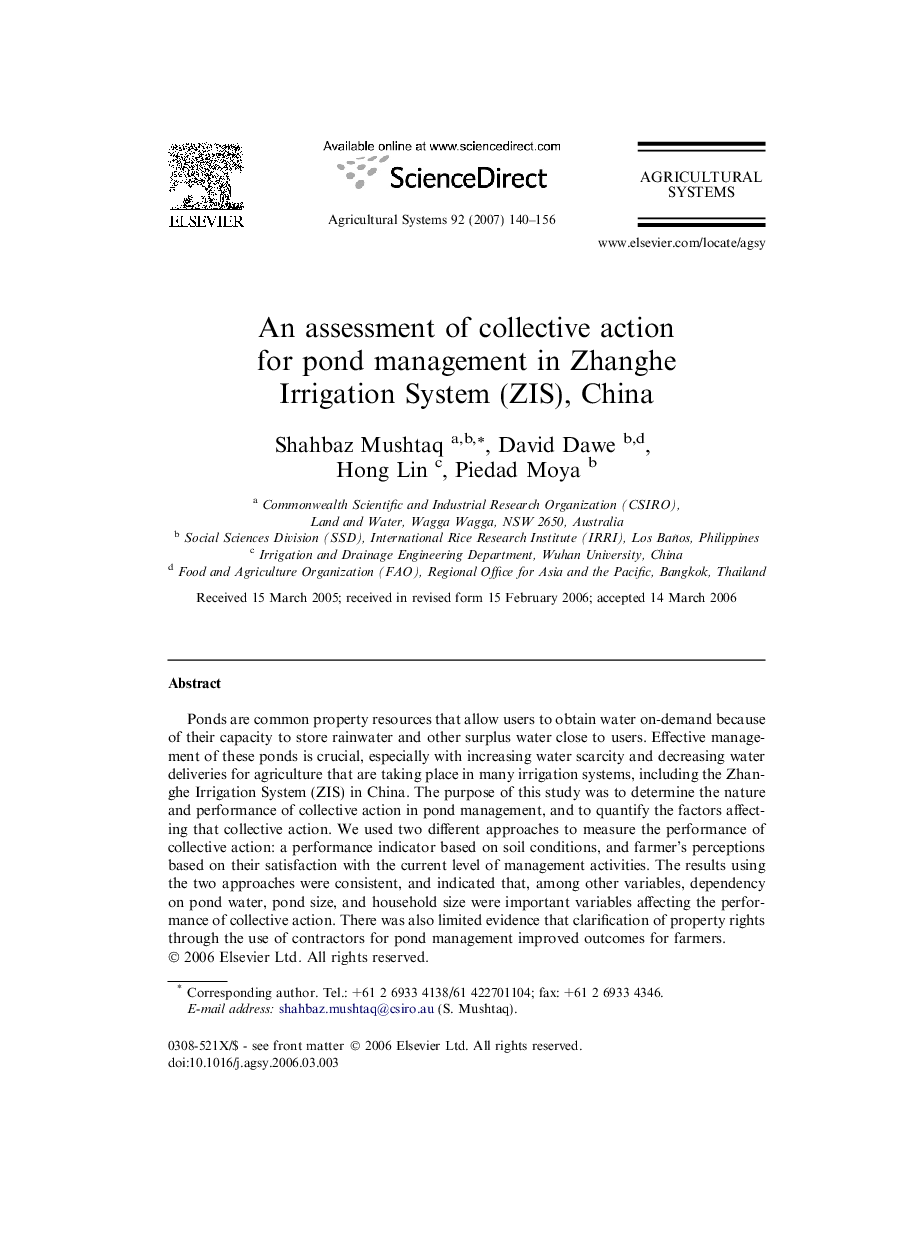 An assessment of collective action for pond management in Zhanghe Irrigation System (ZIS), China