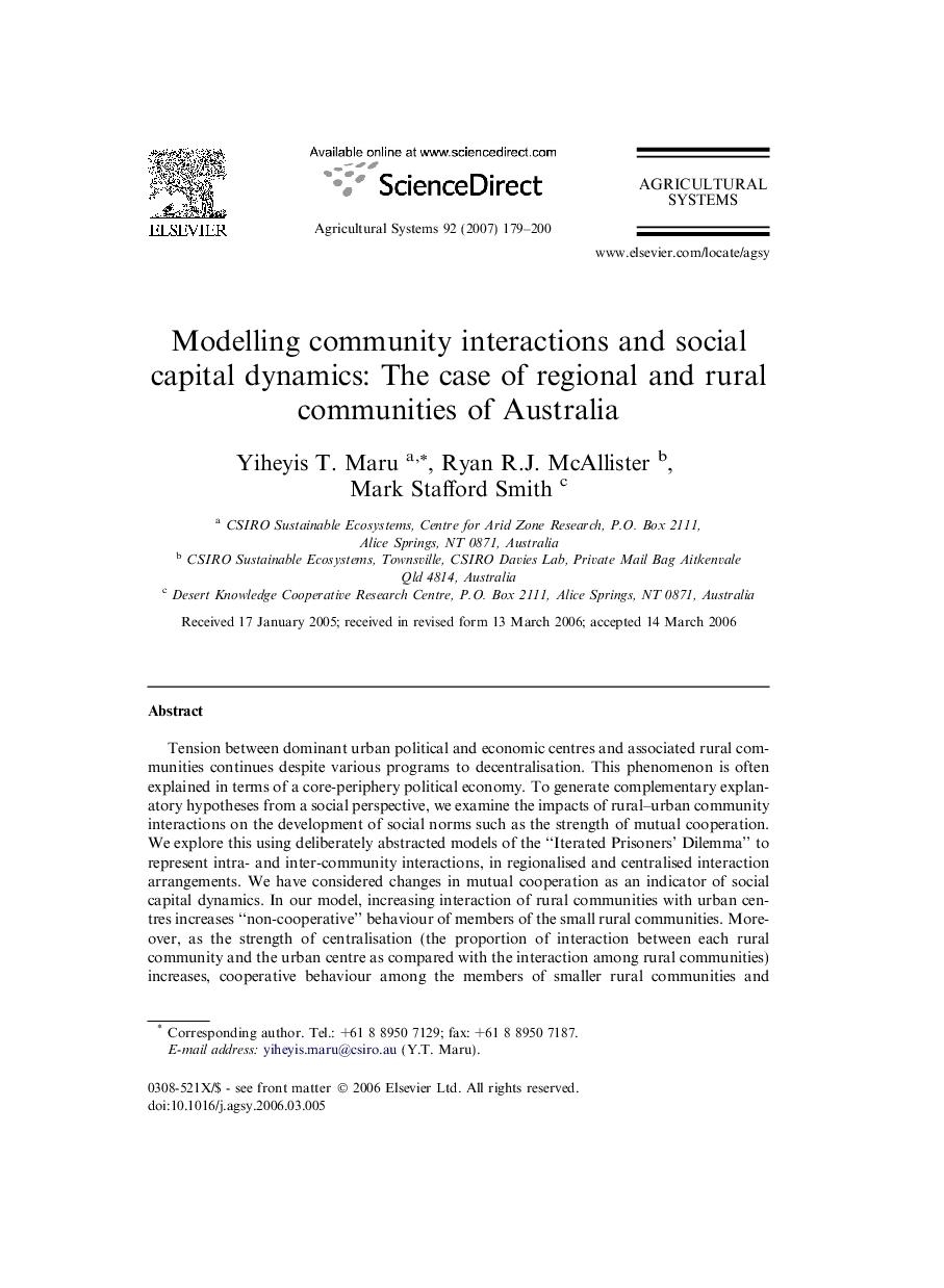عکس صفحه اول مقاله: Modelling community interactions and social capital dynamics: The case of regional and rural communities of Australia Modelling community interactions and social capital dynamics: The case of regional and rural communities of Australia