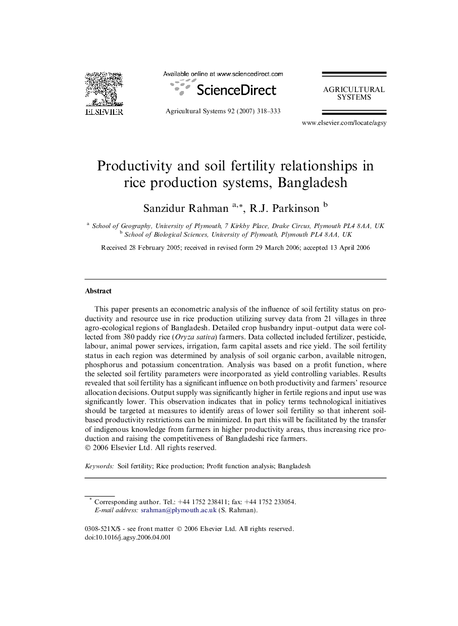 Productivity and soil fertility relationships in rice production systems, Bangladesh