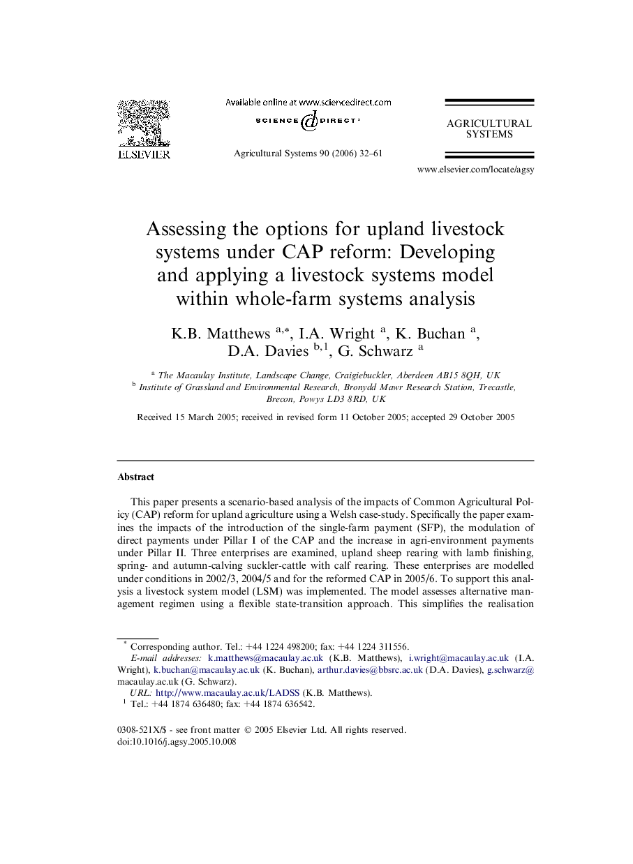 Assessing the options for upland livestock systems under CAP reform: Developing and applying a livestock systems model within whole-farm systems analysis