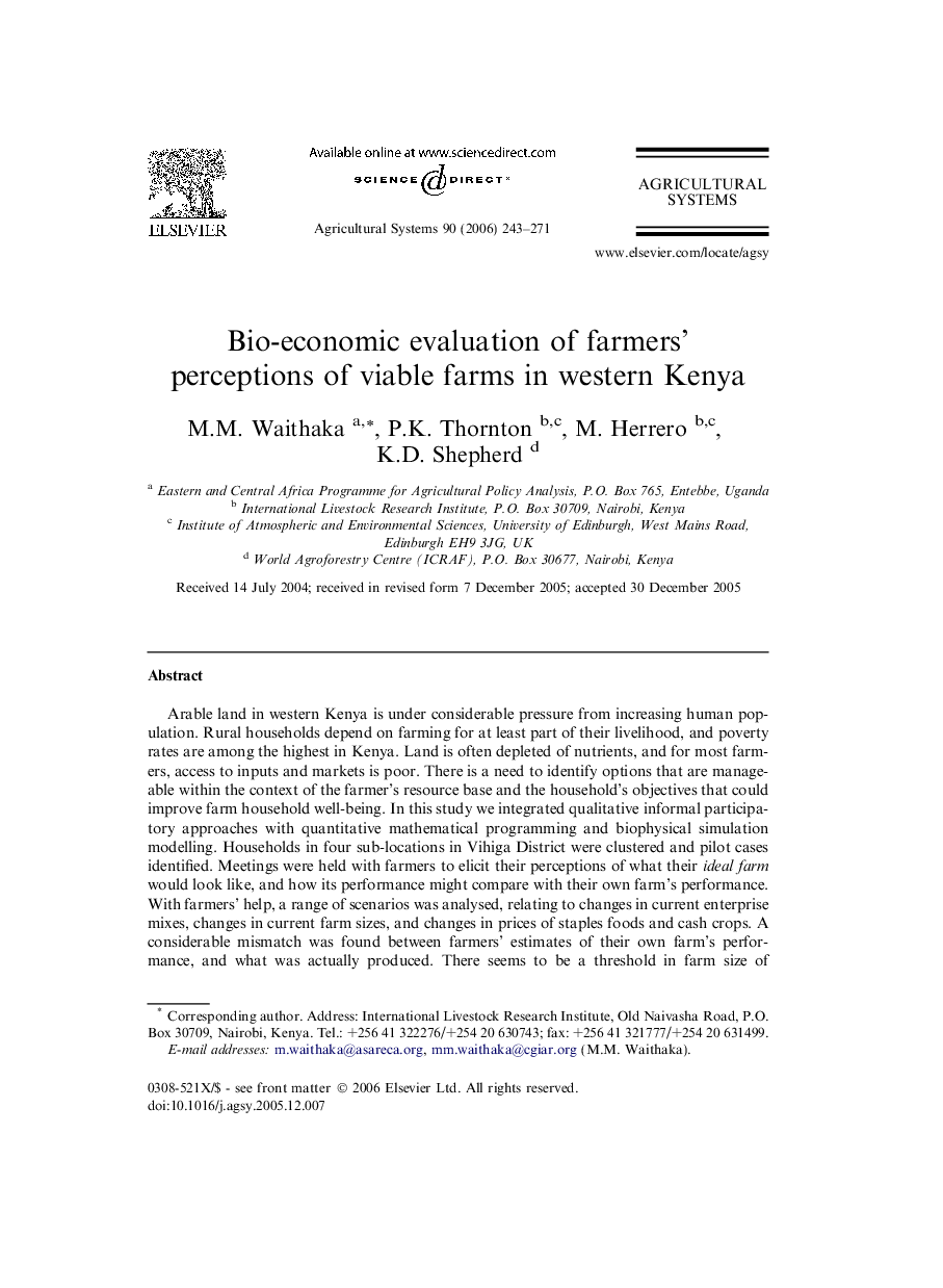 Bio-economic evaluation of farmers’ perceptions of viable farms in western Kenya