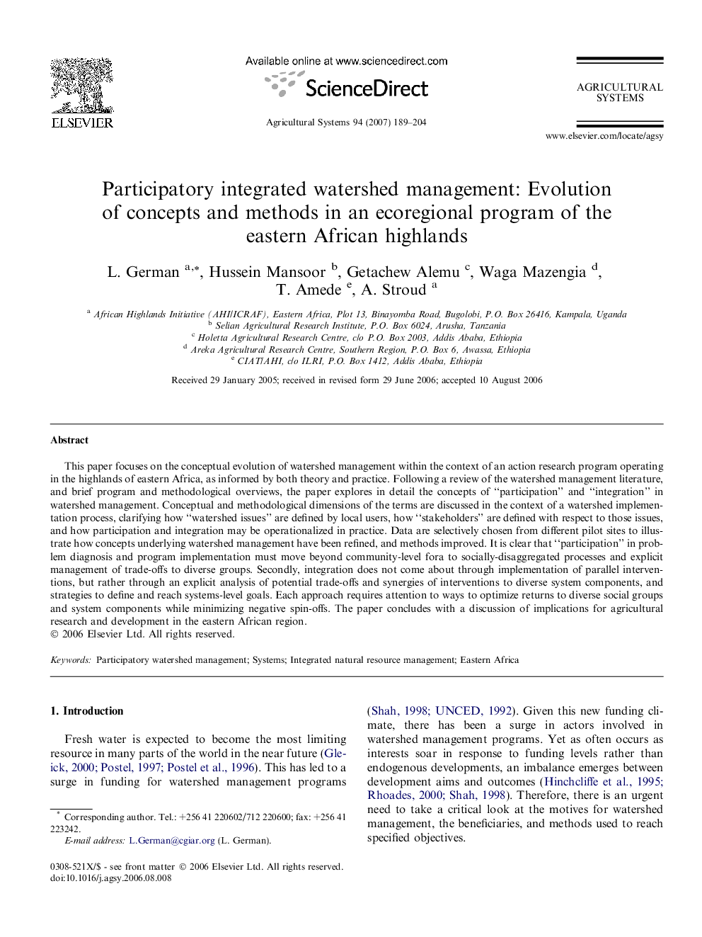 Participatory integrated watershed management: Evolution of concepts and methods in an ecoregional program of the eastern African highlands