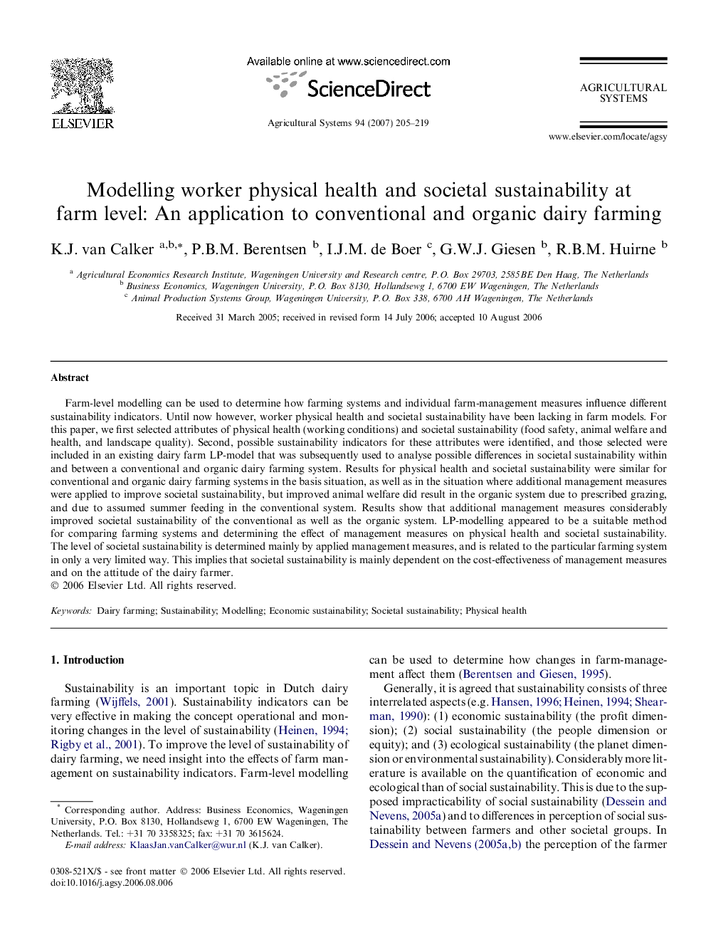 Modelling worker physical health and societal sustainability at farm level: An application to conventional and organic dairy farming