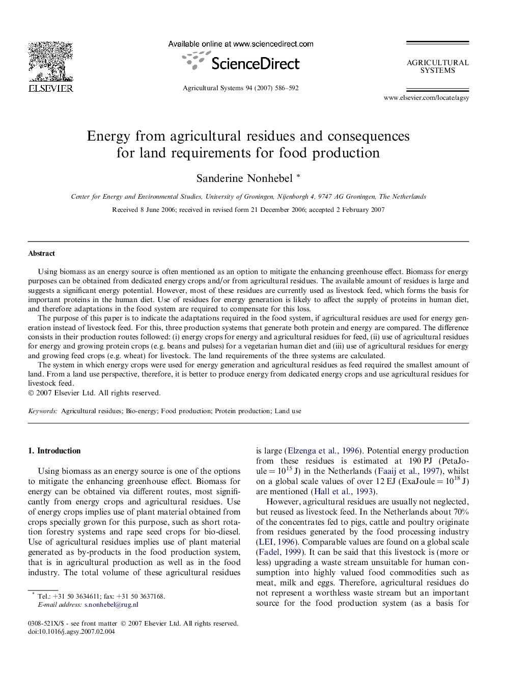 Energy from agricultural residues and consequences for land requirements for food production