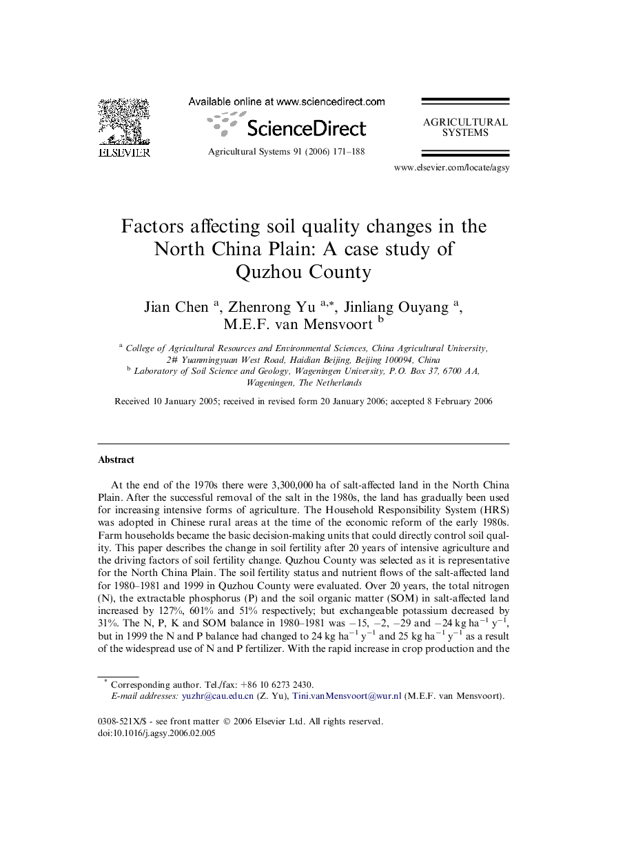 Factors affecting soil quality changes in the North China Plain: A case study of Quzhou County