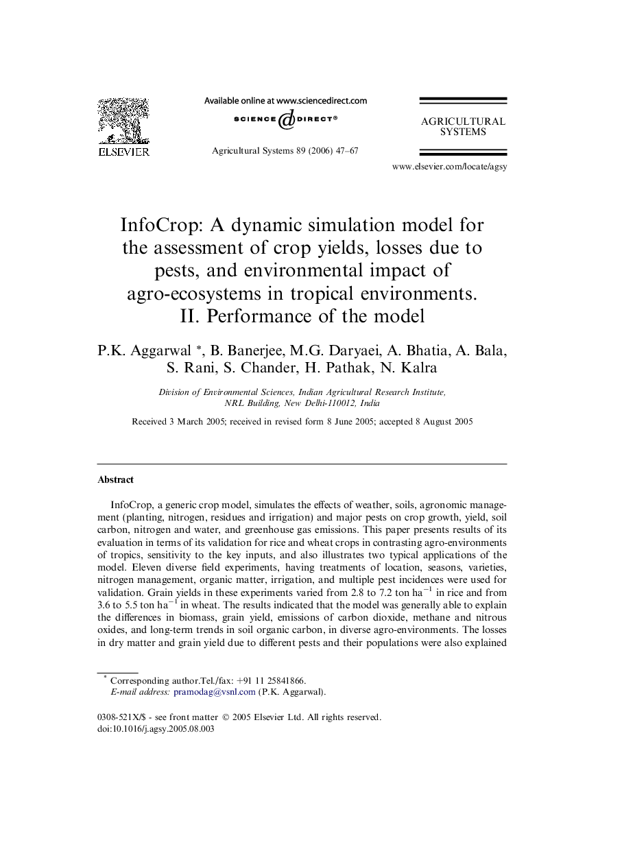 InfoCrop: A dynamic simulation model for the assessment of crop yields, losses due to pests, and environmental impact of agro-ecosystems in tropical environments. II. Performance of the model