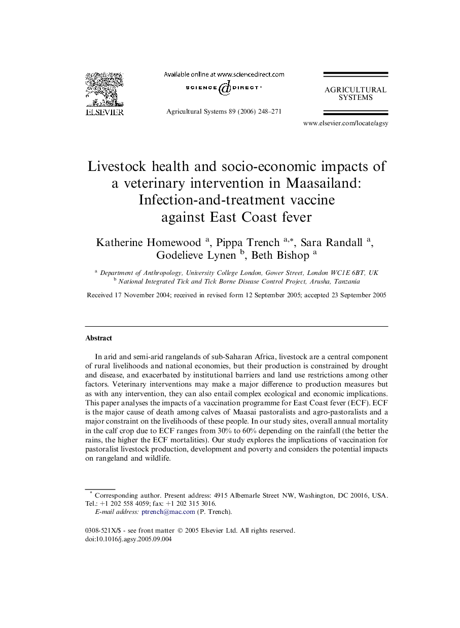 Livestock health and socio-economic impacts of a veterinary intervention in Maasailand: Infection-and-treatment vaccine against East Coast fever