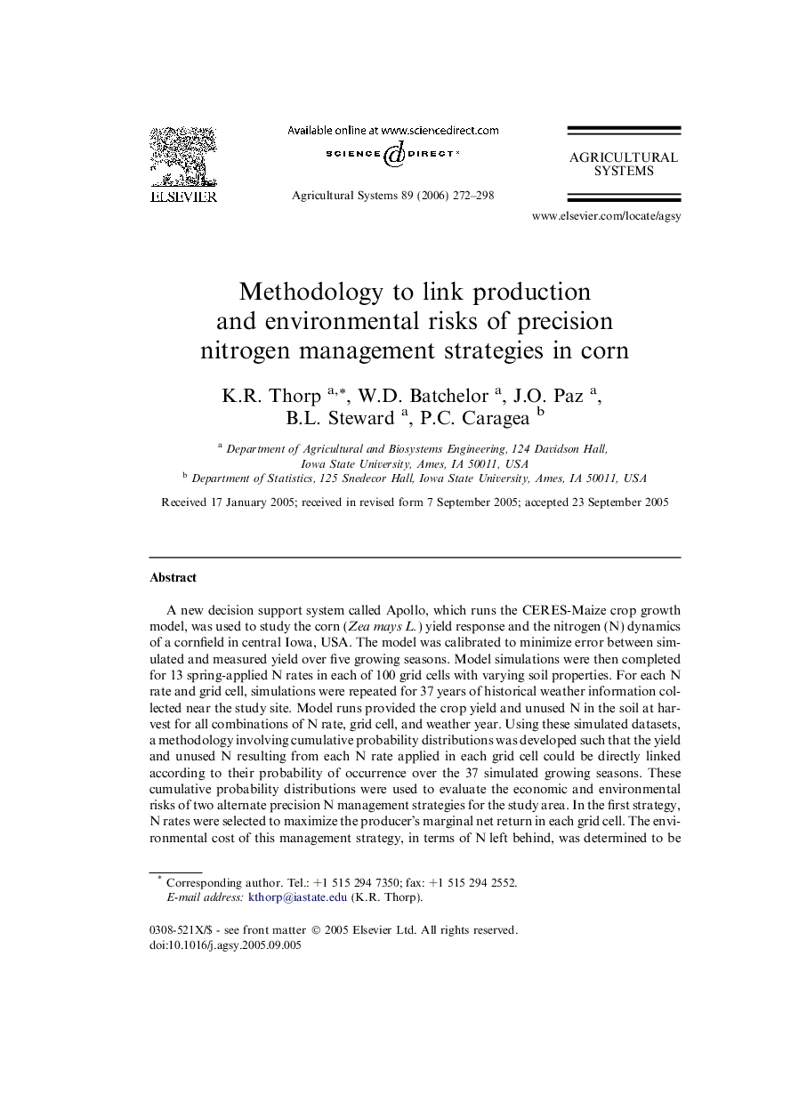 Methodology to link production and environmental risks of precision nitrogen management strategies in corn