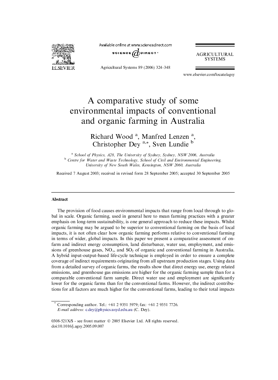 A comparative study of some environmental impacts of conventional and organic farming in Australia