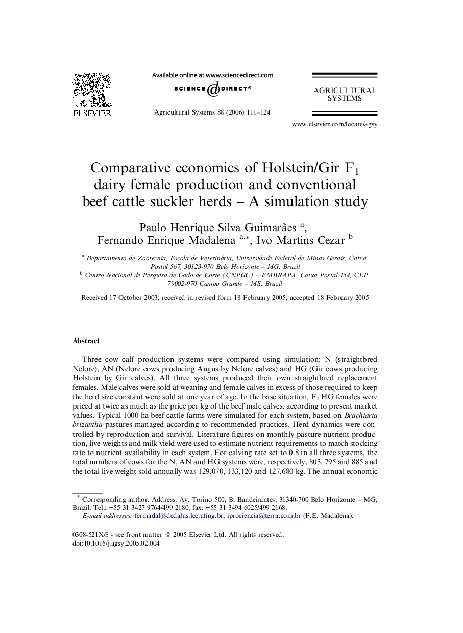 Comparative economics of Holstein/Gir F1 dairy female production and conventional beef cattle suckler herds – A simulation study