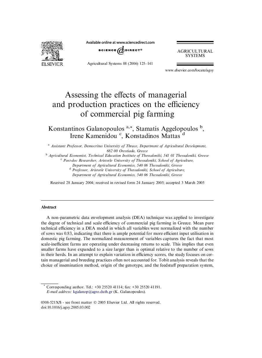 Assessing the effects of managerial and production practices on the efficiency of commercial pig farming