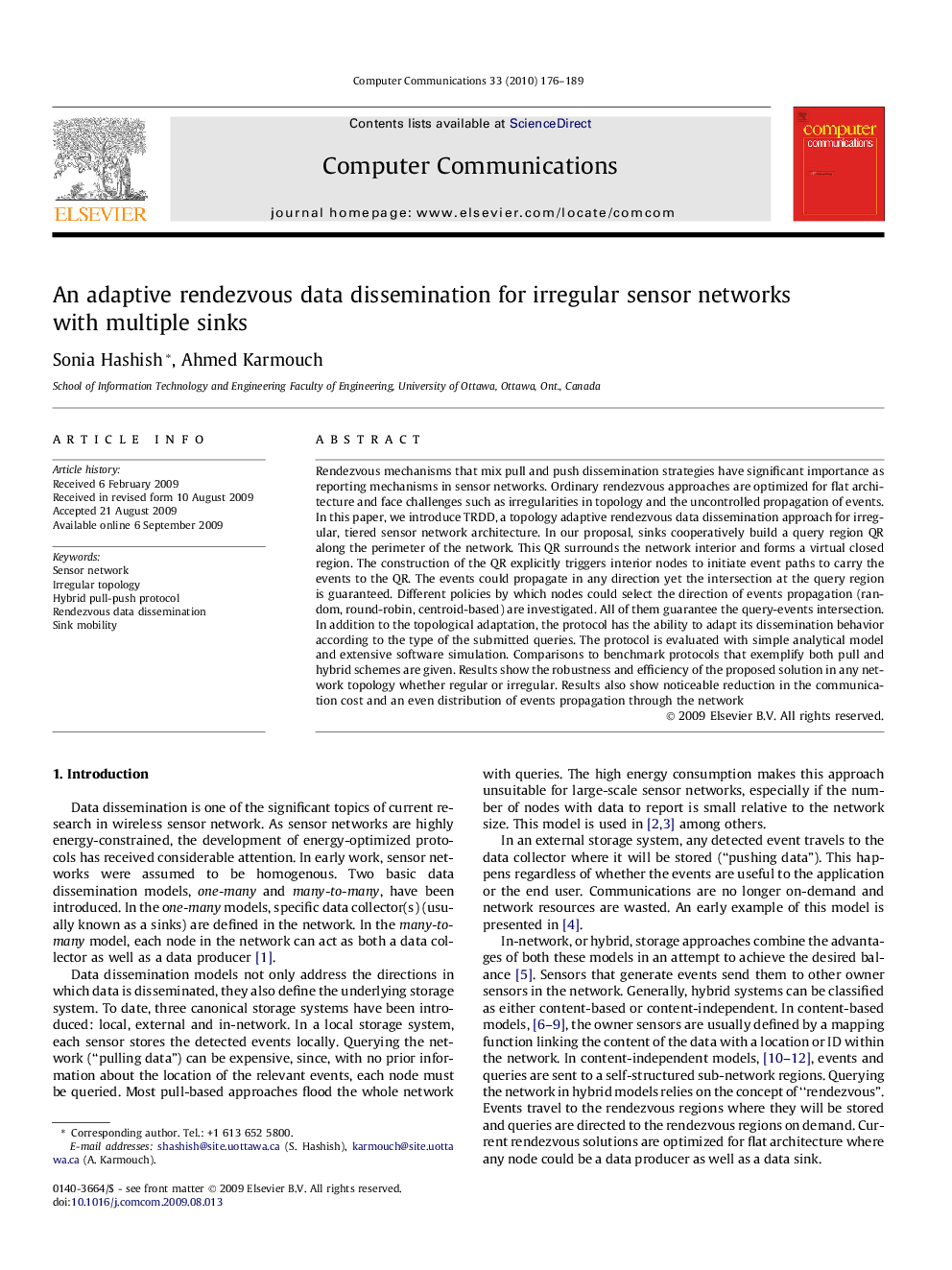 An adaptive rendezvous data dissemination for irregular sensor networks with multiple sinks