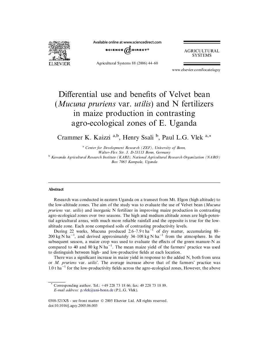 Differential use and benefits of Velvet bean (Mucuna pruriens var. utilis) and N fertilizers in maize production in contrasting agro-ecological zones of E. Uganda