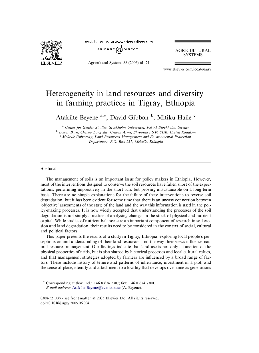 Heterogeneity in land resources and diversity in farming practices in Tigray, Ethiopia