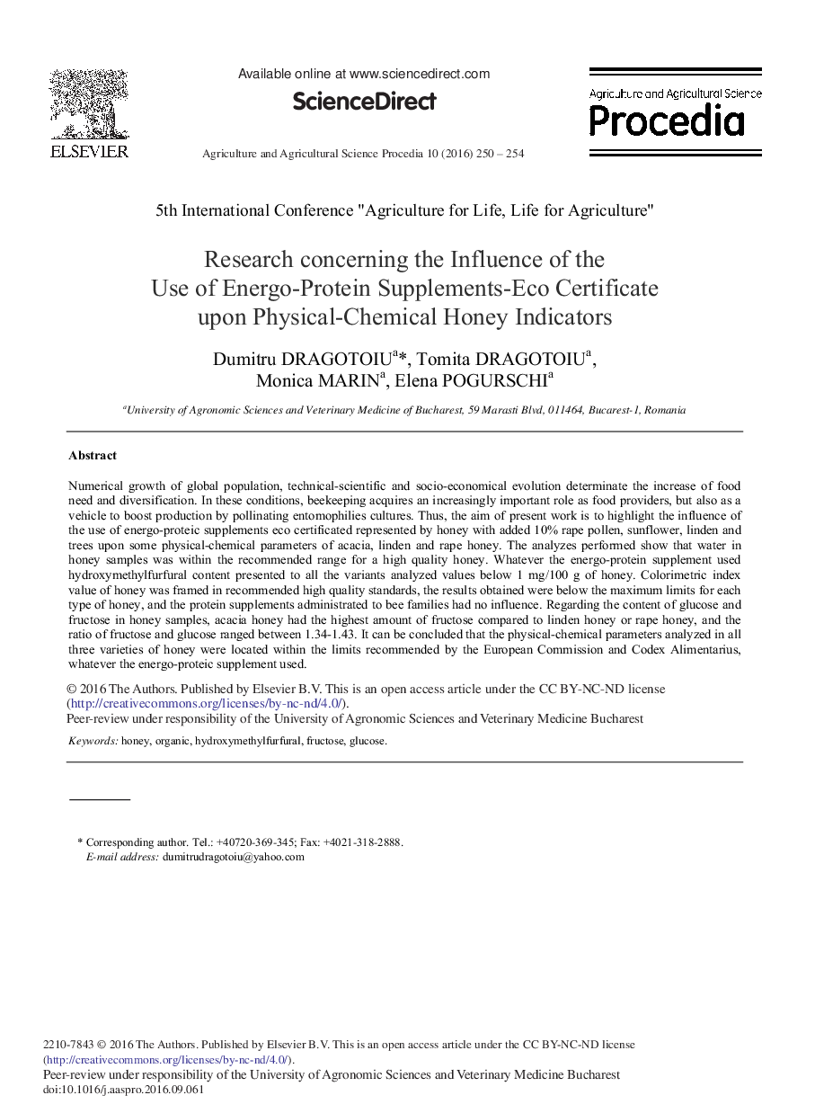 Research Concerning the Influence of the Use of Energo-protein Supplements-eco Certificate upon Physical-chemical Honey Indicators 