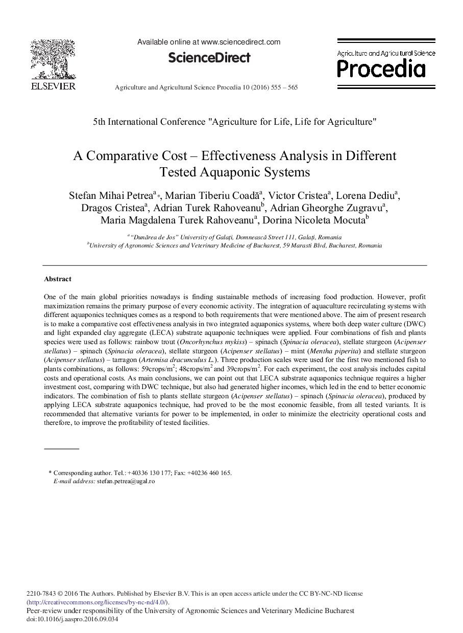 A Comparative Cost – Effectiveness Analysis in Different Tested Aquaponic Systems 