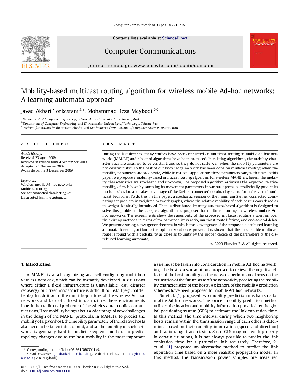 Mobility-based multicast routing algorithm for wireless mobile Ad-hoc networks: A learning automata approach