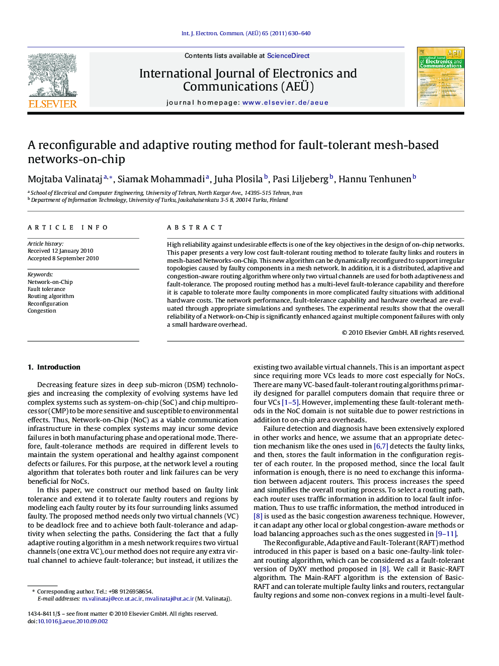 A reconfigurable and adaptive routing method for fault-tolerant mesh-based networks-on-chip