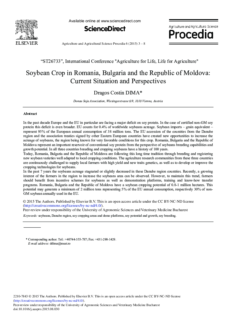 Soybean Crop in Romania, Bulgaria and the Republic of Moldova: Current Situation and Perspectives 