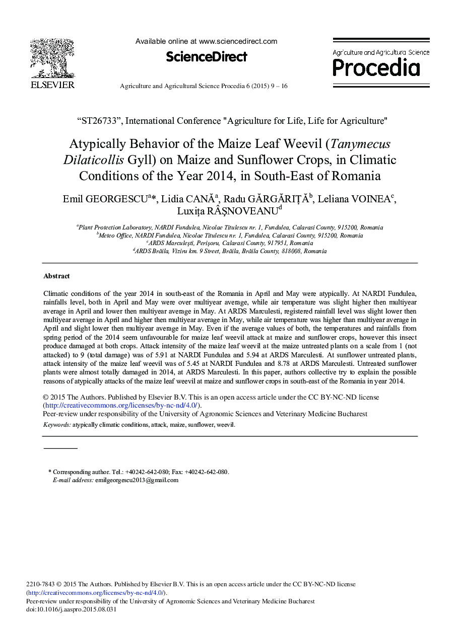 Atypically Behavior of the Maize Leaf Weevil (Tanymecus Dilaticollis Gyll) on Maize and Sunflower Crops, in Climatic Conditions of the Year 2014, in South-East of Romania 