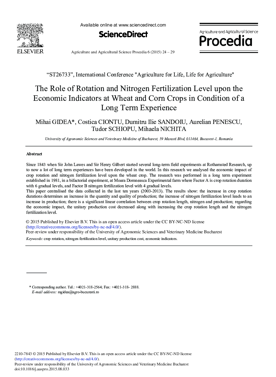 The Role of Rotation and Nitrogen Fertilization Level upon the Economic Indicators at Wheat and Corn Crops in Condition of a Long Term Experience 