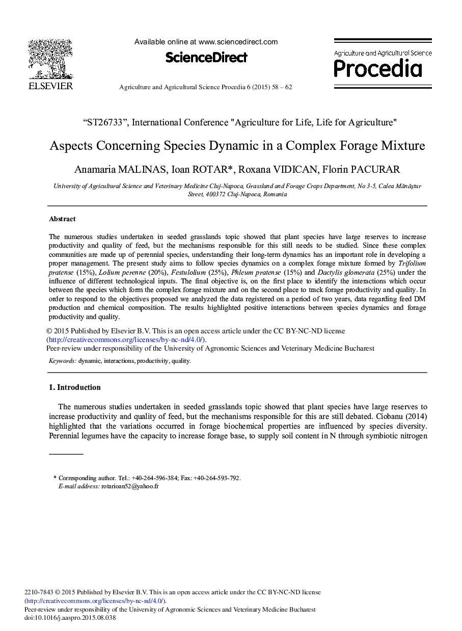 Aspects Concerning Species Dynamic in a Complex Forage Mixture 