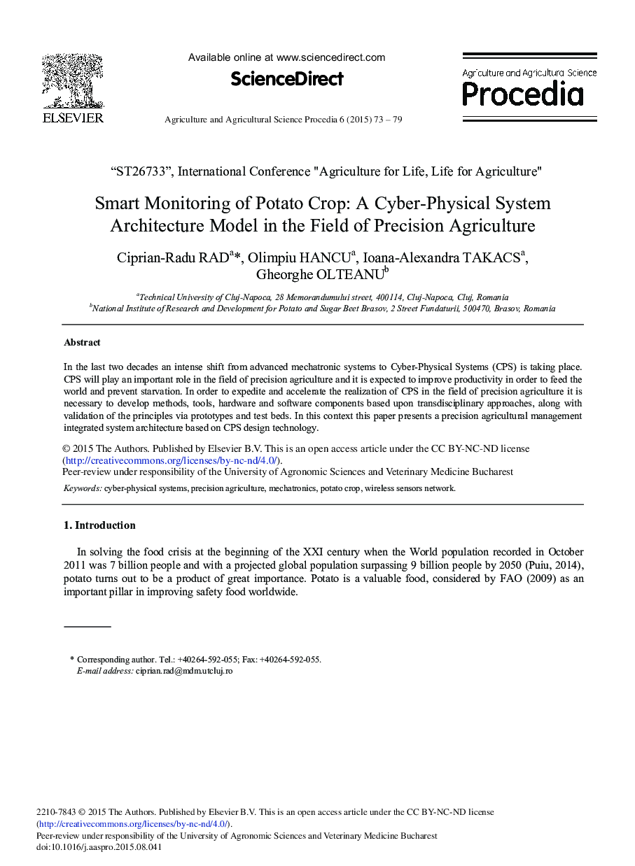 Smart Monitoring of Potato Crop: A Cyber-Physical System Architecture Model in the Field of Precision Agriculture 