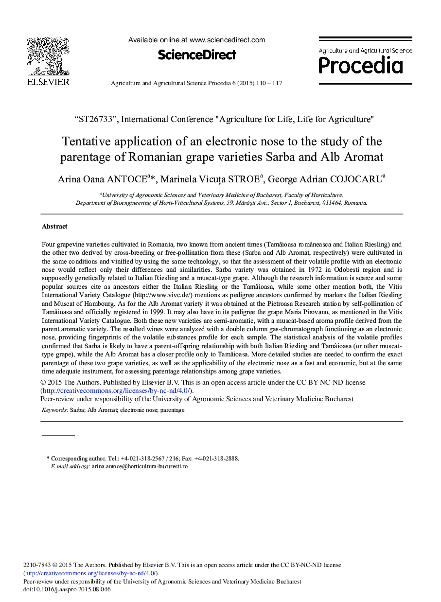 Tentative Application of an Electronic Nose to the Study of the Parentage of Romanian Grape Varieties Sarba and Alb Aromat 