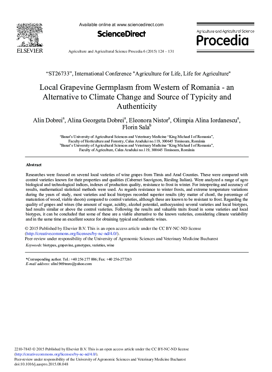 Local Grapevine Germplasm from Western of Romania - An Alternative to Climate Change and Source of Typicity and Authenticity 