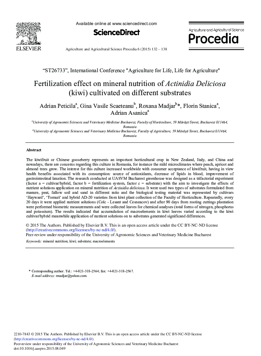 Fertilization Effect on Mineral Nutrition of Actinidia Deliciosa (kiwi) Cultivated on Different Substrates 