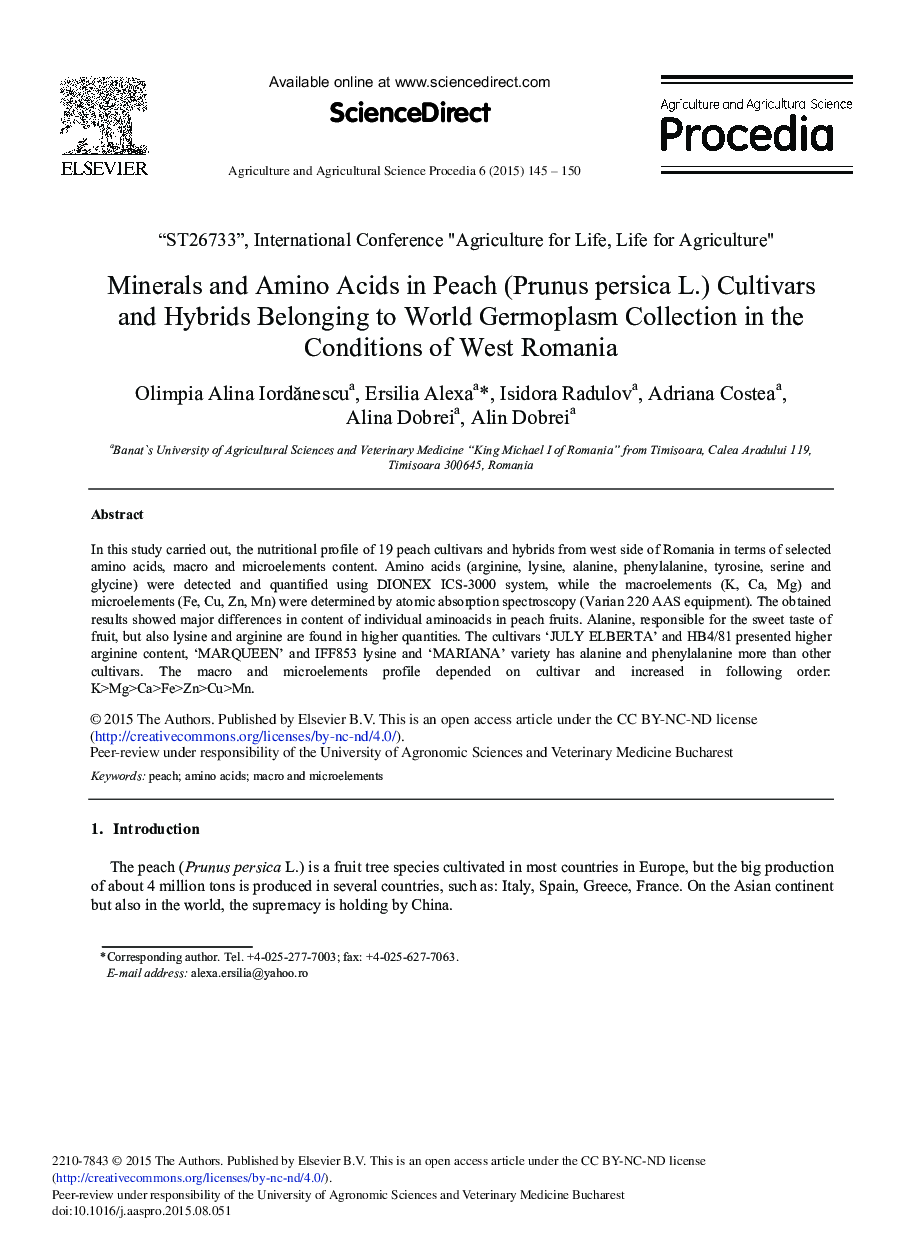 Minerals and Amino Acids in Peach (Prunus persica L.) Cultivars and Hybrids Belonging to World Germoplasm Collection in the Conditions of West Romania 