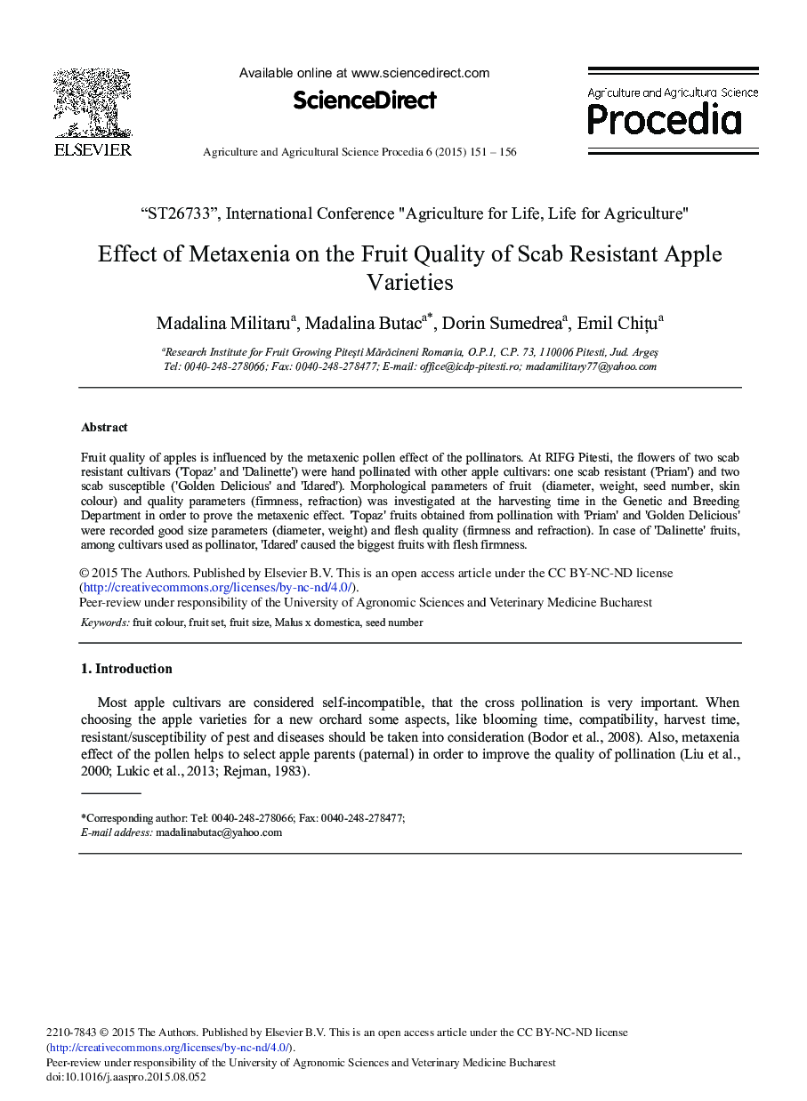 Effect of Metaxenia on the Fruit Quality of Scab Resistant Apple Varieties 