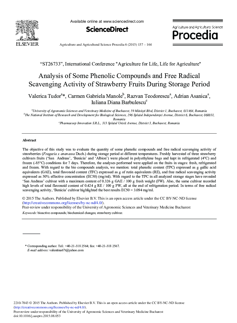 Analysis of Some Phenolic Compounds and Free Radical Scavenging Activity of Strawberry Fruits During Storage Period 