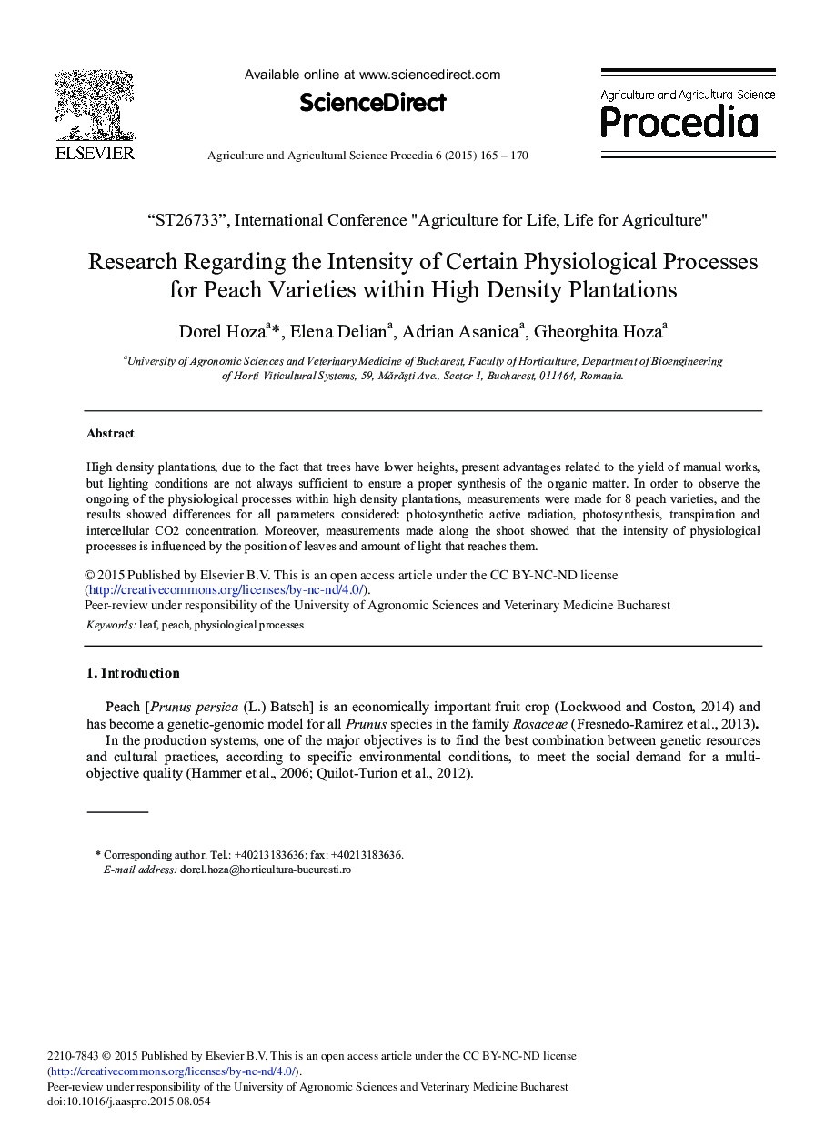 Research Regarding the Intensity of Certain Physiological Processes for Peach Varieties within High Density Plantations 